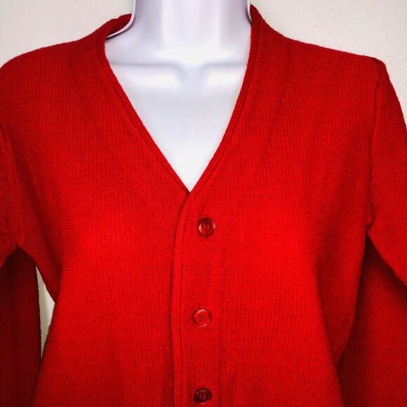 Vintage 70s Kentfield Sweater Mens S Red Cardigan V Neck Grandpa - Picture 2 of 9